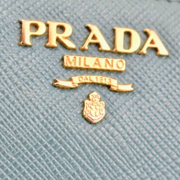 PRADA: Teal Blue Leather & Heritage Gold Logo Long Ziparound Wallet - Picture 2 of 11